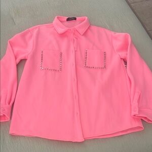Pink Cozy Fleece Button Down Sweatshirt with Studded Pockets